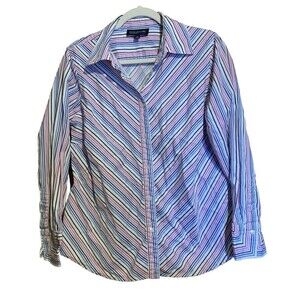 Jones New York Size 1X Multicolor Stripe Button Up Cotton Long Sleeve Blouse